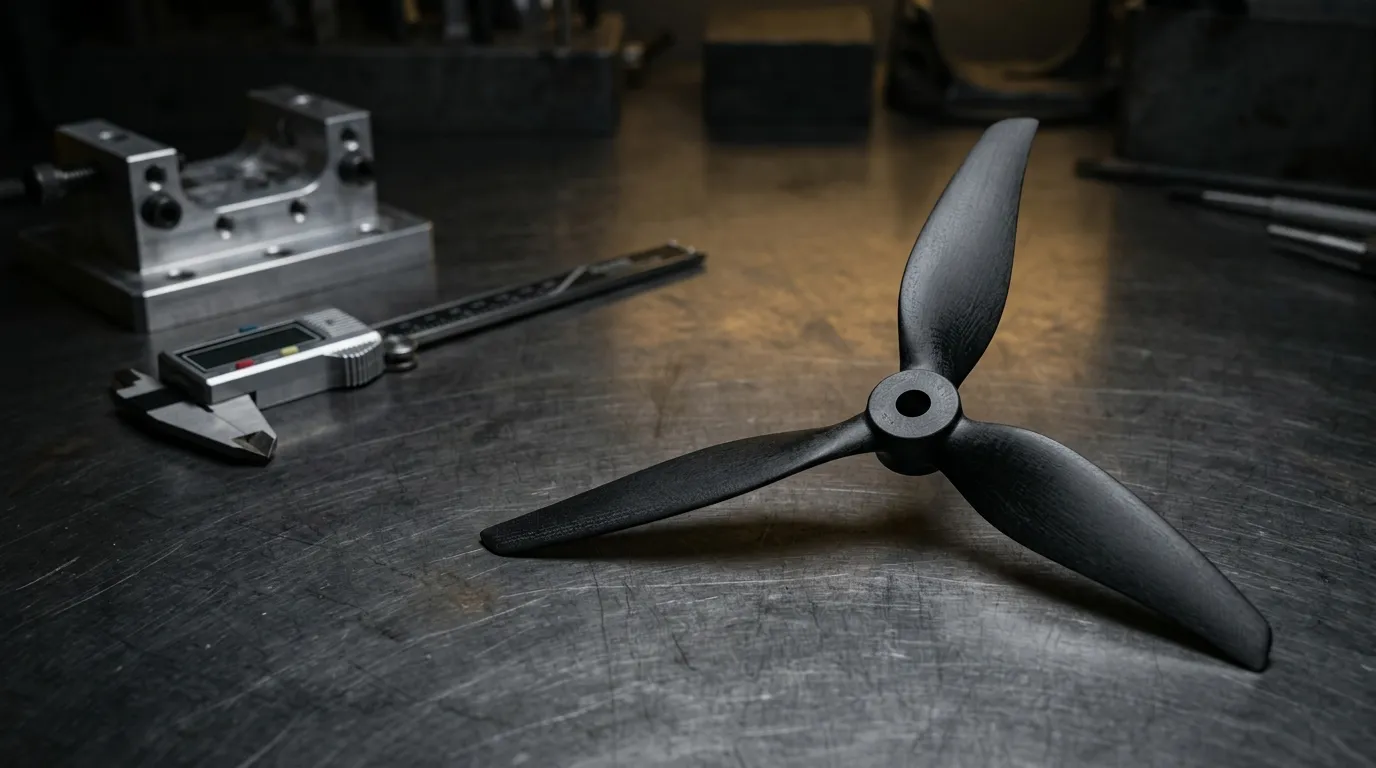 Domestic tri-blade drone propeller beside precision calipers on a machinist's workbench