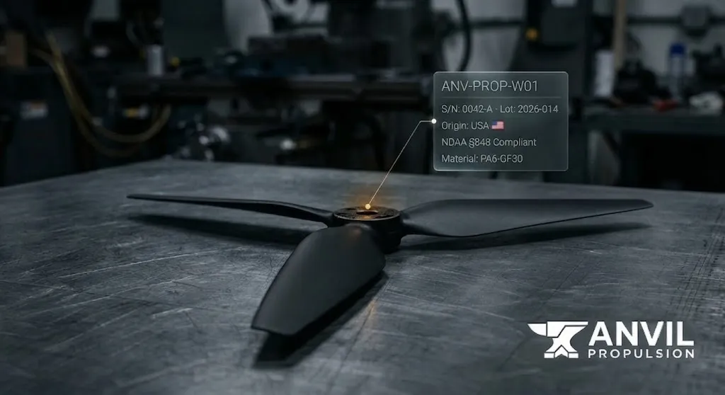 Domestic NDAA-compliant propeller with a component passport — serial number, lot, USA origin, and NDAA compliance